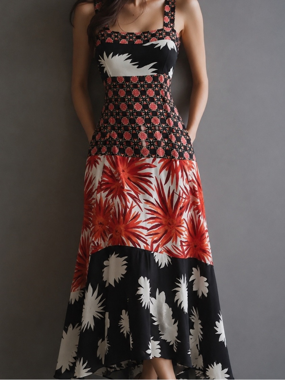 Coco Bianco Floral Tiered Maxi Dress in Black, White & Orange